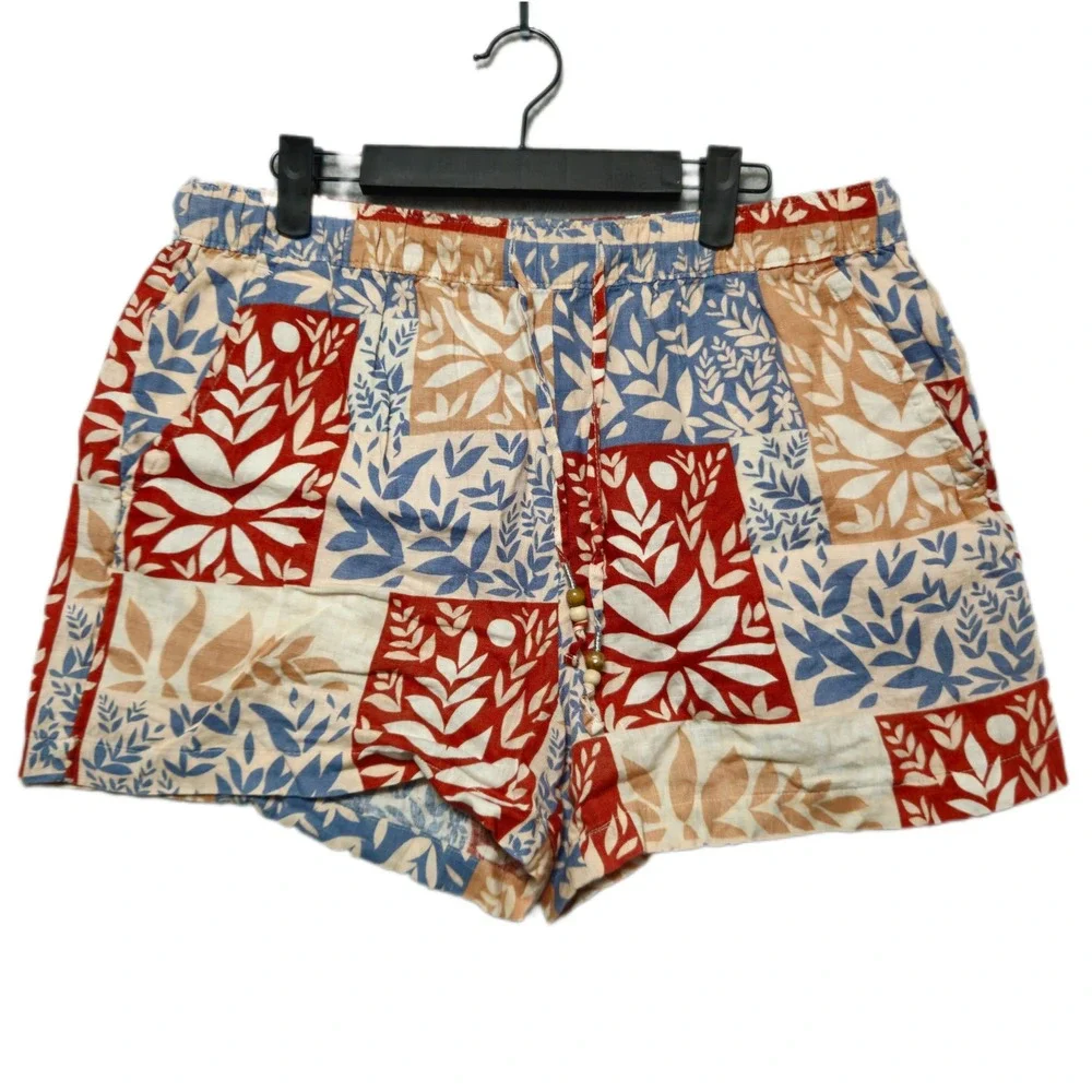 Sigrid‎ Olsen Womens 100% Linen Patchwork Botanical Shorts Red Blue Tan Large